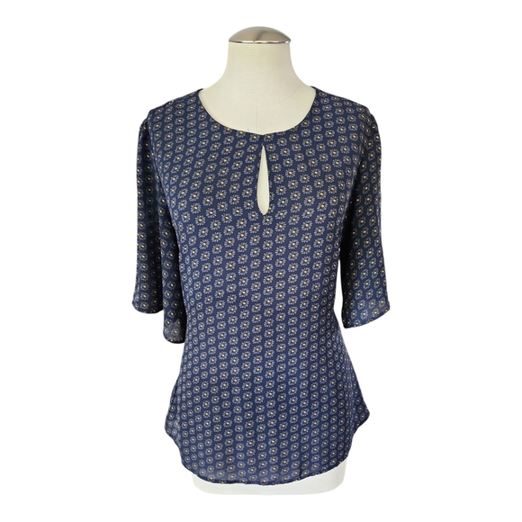 Ann Taylor Factory Navy Floral Blouse Size M | Keyhole Front Tie-Back Sleeveless - Picture 1 of 11
